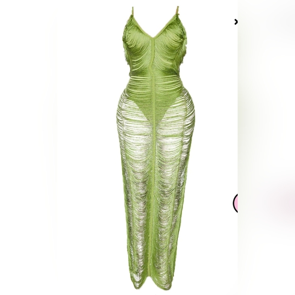 Olive Fringe Detail Midaxi Dress - Picture 3 of 3